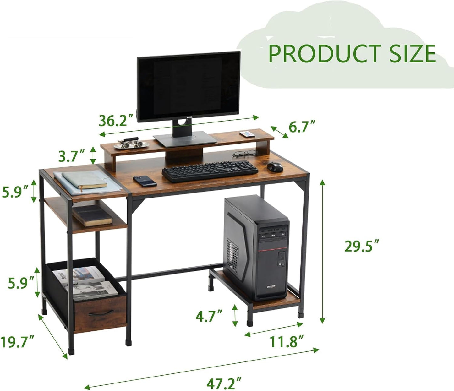 COOKCOK 47 inch Computer Desk, Office Desk with a Monitor Stand and Fabric Drawer, Writing Gaming Table with Shelves and 2 Hooks for Home Office, Black