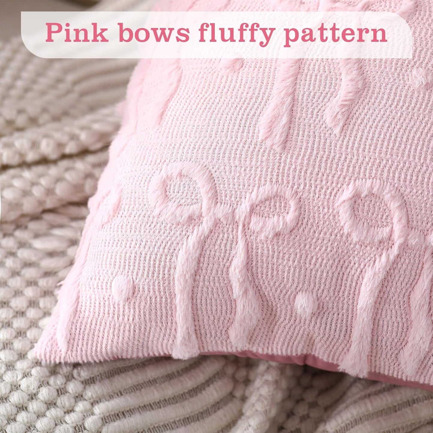 COOKCOK Bow Throw Pillow Covers 18x18 Set of 2 Decorative Pillow Covers Soft Plush Faux Wool Aesthetic Pillowcases Preppy Room Decor for Bed Sofa Couch Living Room, Pink