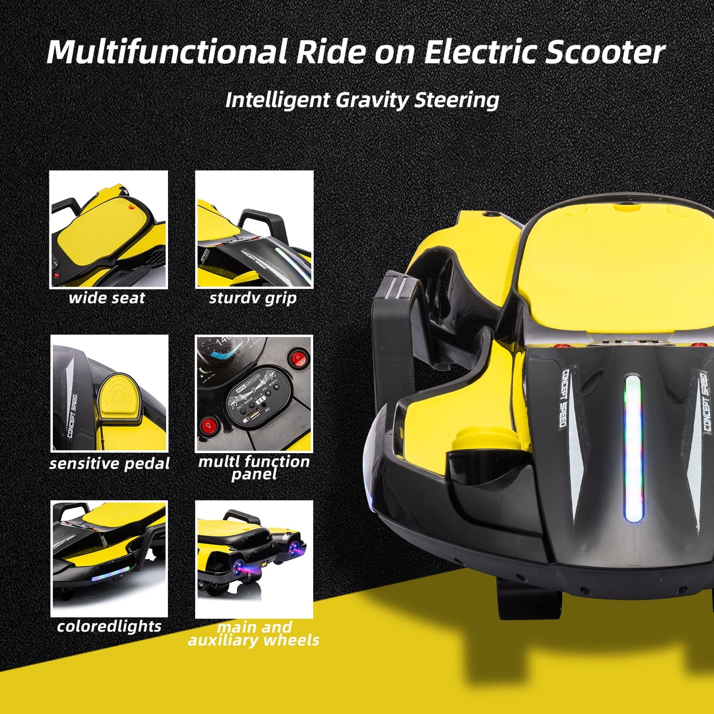 LISUEYNE 24V Ride on Car with Helmet, Knee Pads, Gloves, Devilfish Pattern Ride on Electric Scooter with Spray Function, Gravity Steering, Music, Hnadrails, Max Speed 6.84 mph, Black&Yellow