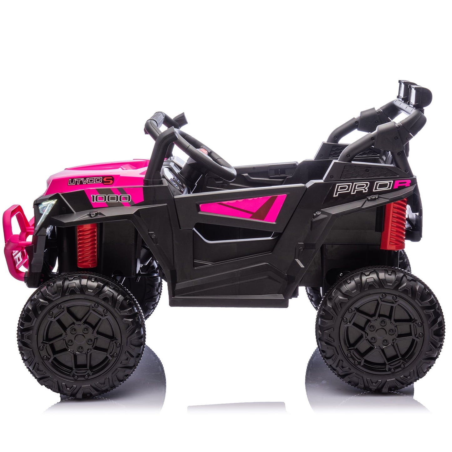 Track Seven 24V Ride on Car, 2WD Electric Off-Road UTV Truck w/ 400W Motors, Remote Control, Large Seat, Bluetooth, Lights, Power Display, Portable Handle, Electric Car for Boys Girls Aged 3+, Pink