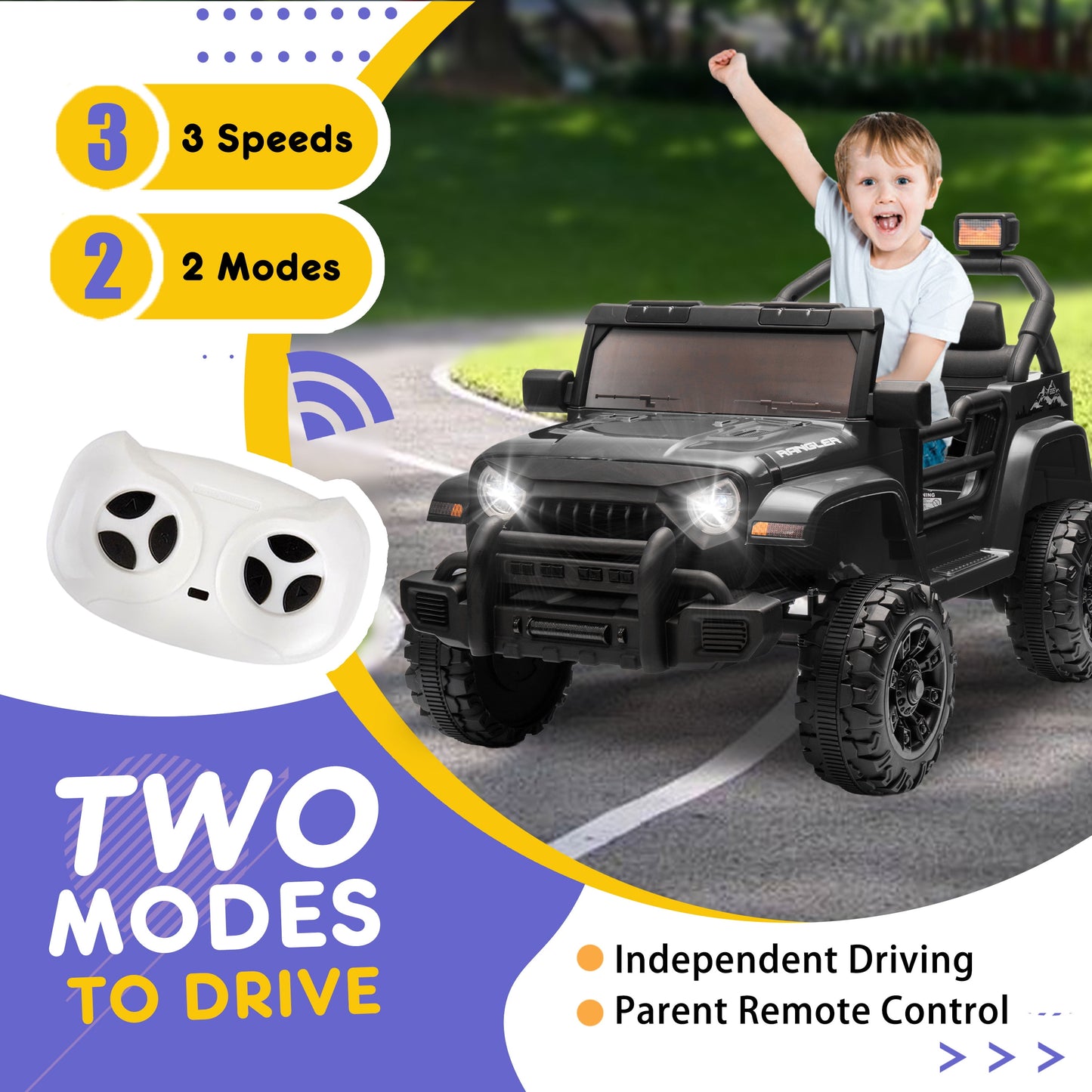 Track Seven 12V Kids Ride on Truck, Electric Car with Remote Control, Off-Road Truck for Boys Girls age 3+, Music, Bluetooth, Spring Suspension with DIY Stickers, Black