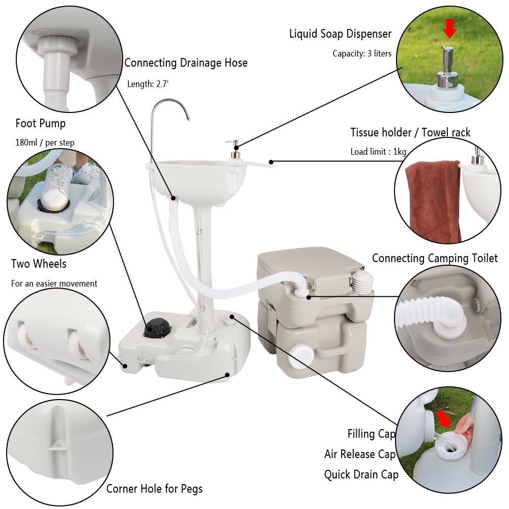 COOKCOK Portable Removable Outdoor Hand Sink with Portable Toilet, HDPE, White