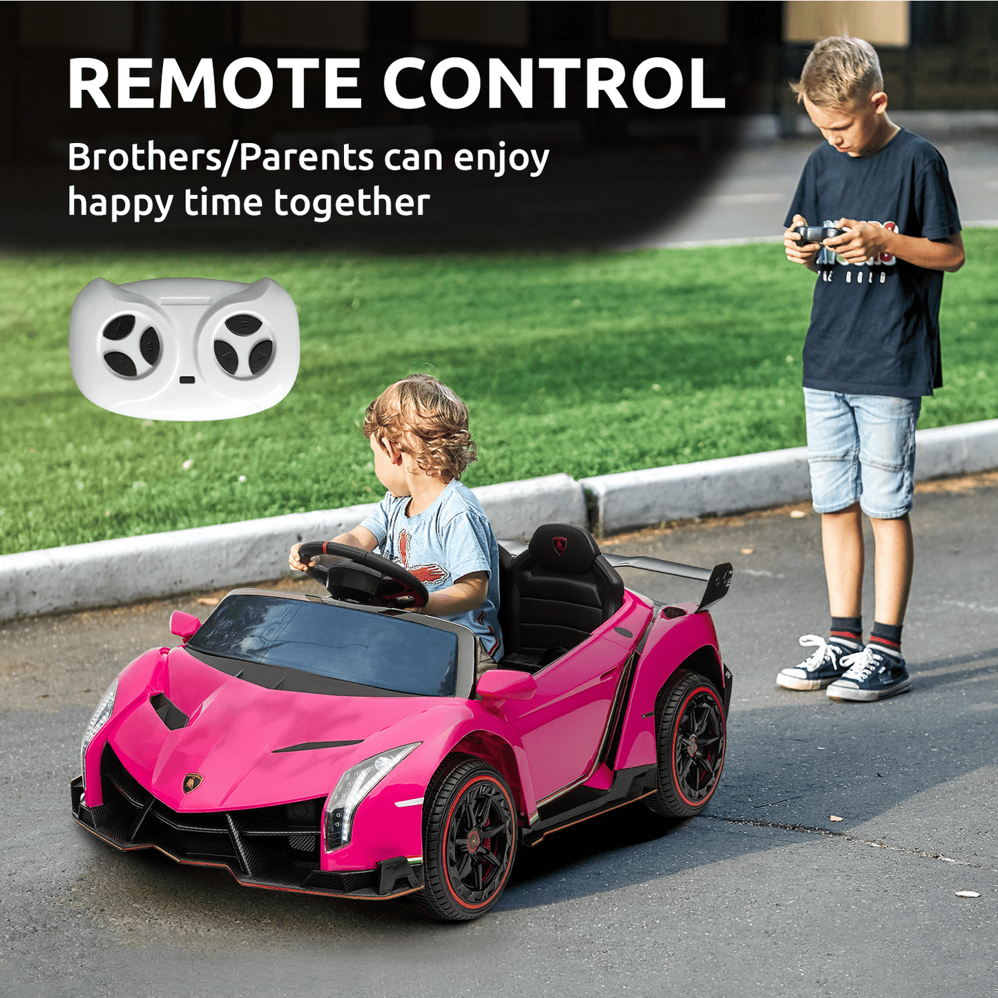 Track 7 12V Kids Ride on Car, Licensed Lamborghini Veneno Electric Car with Remote Control, Music, Age 3+, Pink