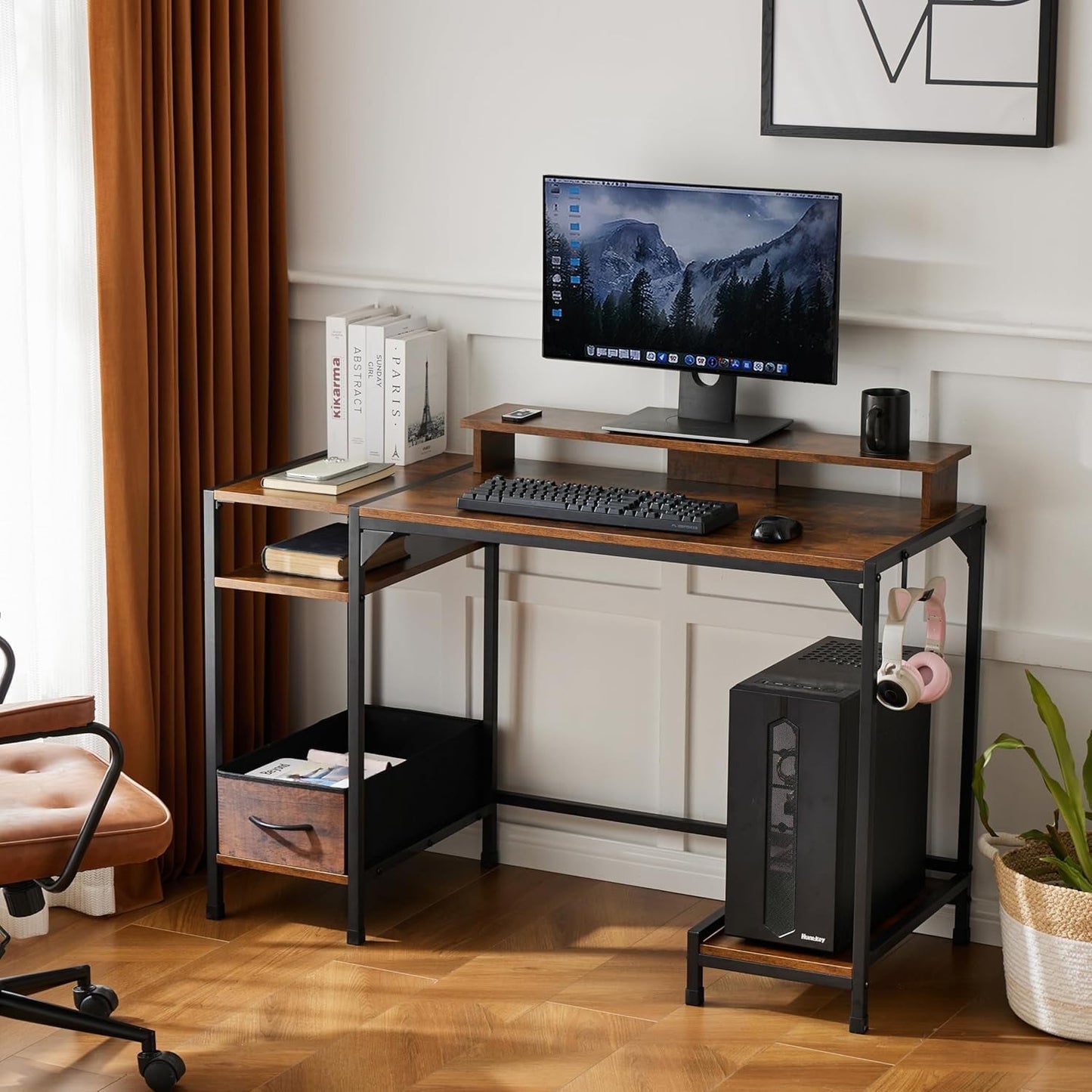 COOKCOK 47 inch Computer Desk, Office Desk with a Monitor Stand and Fabric Drawer, Writing Gaming Table with Shelves and 2 Hooks for Home Office, Black