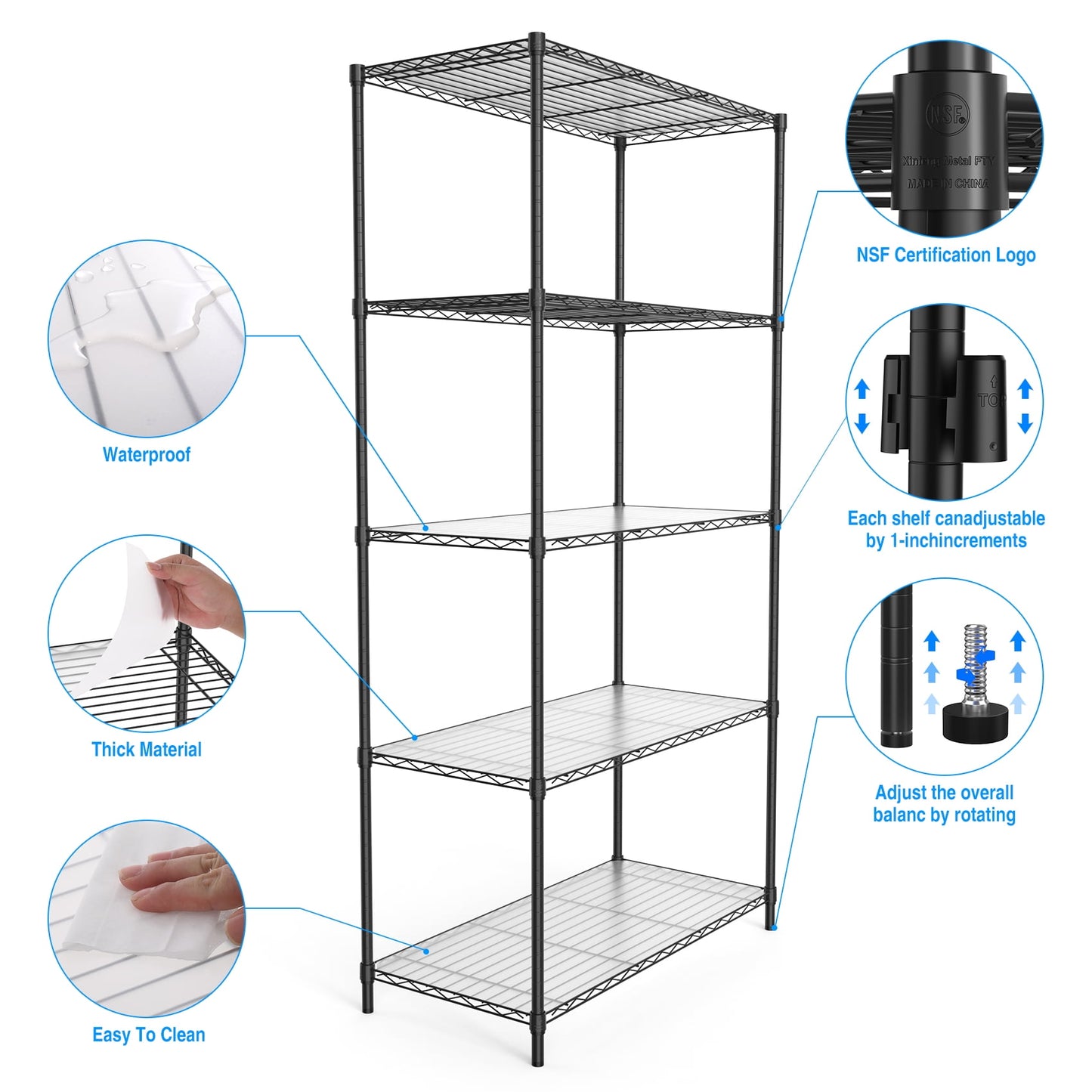COOKCOK 5-Tier Wire Shelving Unit, Height Adjustable Metal Shelves, 36" x 16" x 72" Heavy Duty Storage Shelf with PE Mat, Steel Shelving 1750lbs Capacity for Closet Pantry Basement, Black