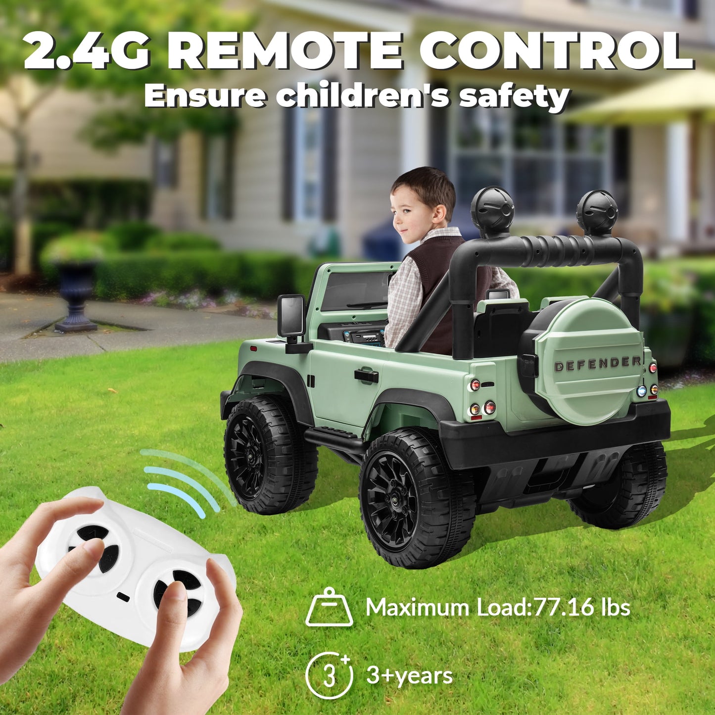 Track Seven Licensed Land Rover Defender Volta 5008 24V Ride-On Car, Electric Car with Remote Control, 2WD Drive, Bluetooth, LED Lights, Key Start, Rear Storage, 24V Ride on Toys for Ages 3+, Green