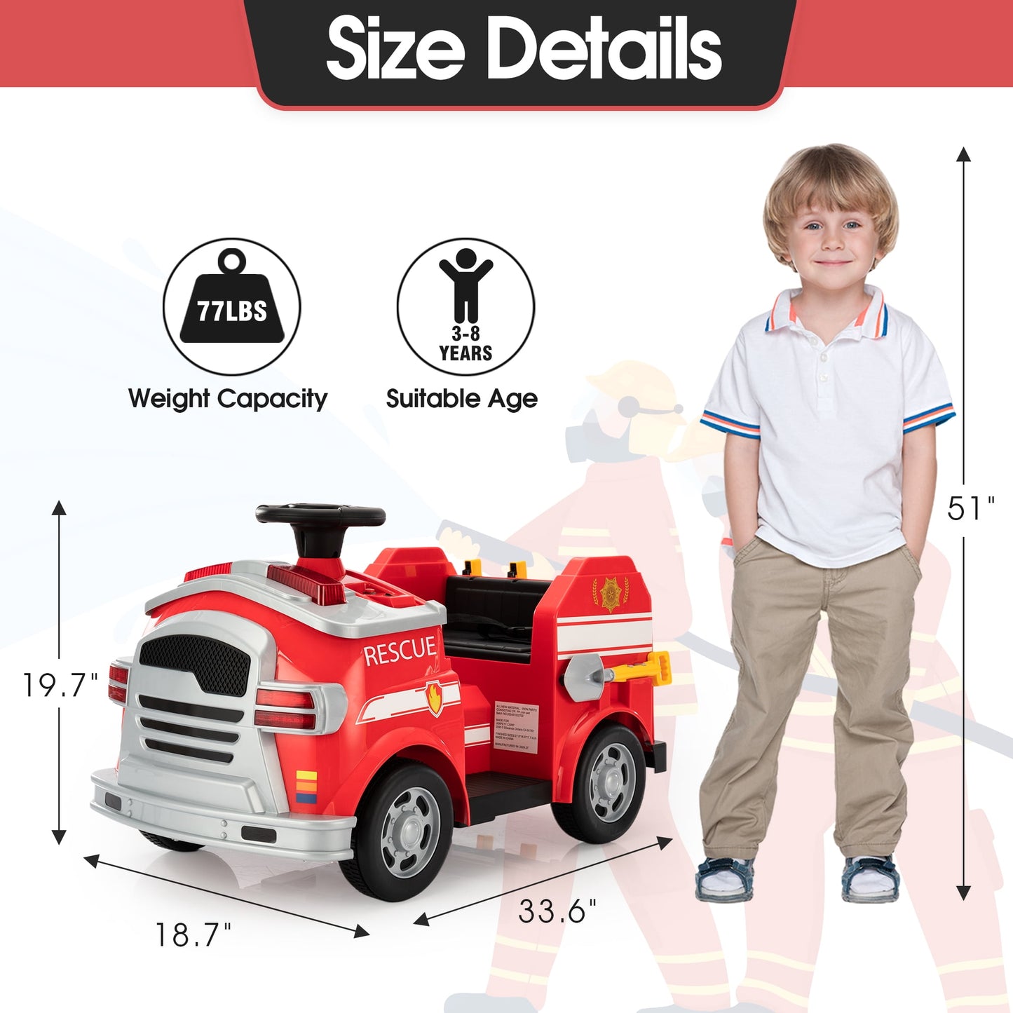 Track Seven 6V Electric Fire Truck Ride-On for Kids, Early Education, Fun with Fire Tools, Lights, Horns & Sirens, Slow Start Ride on Toy for Ages 2-8, Red