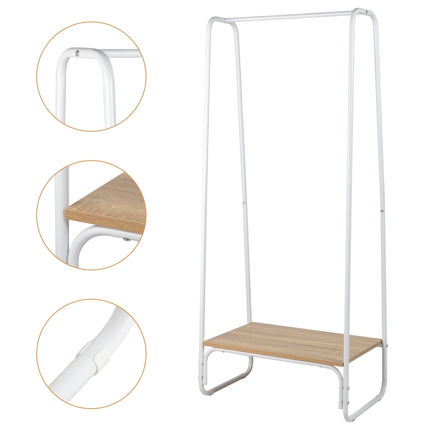 COOKCOK Clothes Rack for Hanging Clothes with Bottom Wood Shelf, Freestanding Clothing Rack, Easy to Assemble Garment Rack, Metal, Sturdy,Small Space Storage Rack,White