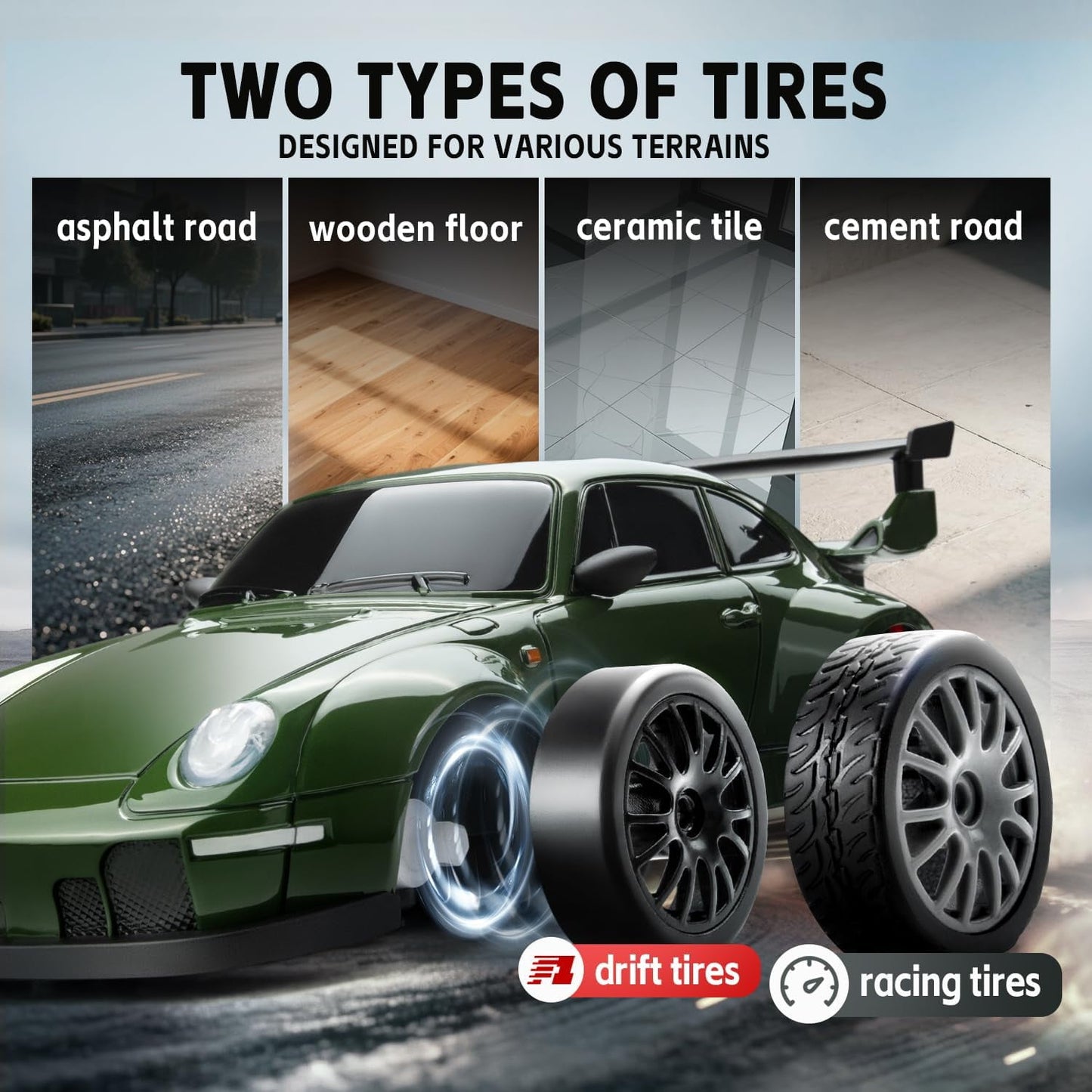 Track Seven RC Drift Car, 1:24 Scale Remote Control Vehicle with LED Lights, 2.4GHz 20KM/H 4WD High Speed RC Cars, Drifting Tires&Two Batteries, Racing Sports Toy Idea Gift for Adults Boys Girls