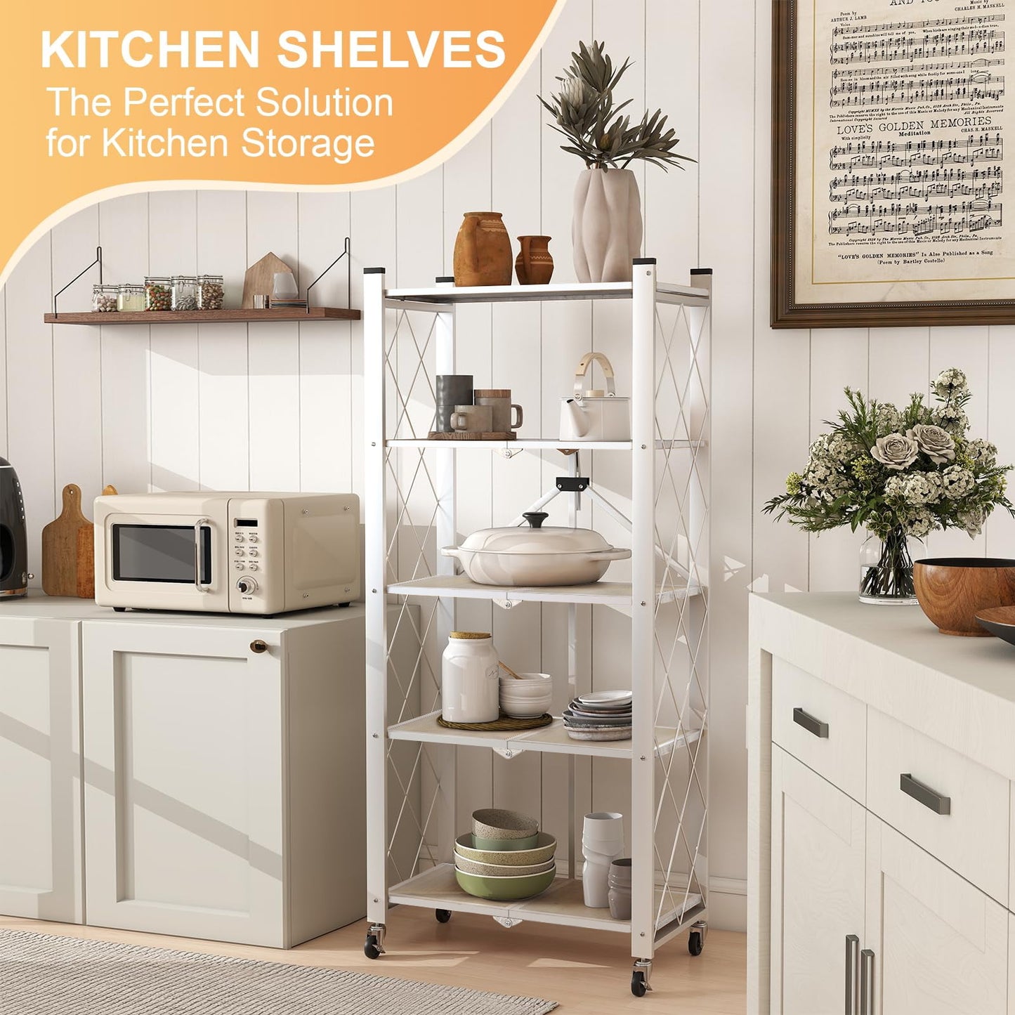 COOKCOK 5-Tier Storage Shelving Unit, Folding Bookshelf, Metal Shelf 27.9"x13.4"x62.5, Foldable Storage Shelf with Wheels, Garage Shelf, Kitchen Shelf, No Assemble Require, White