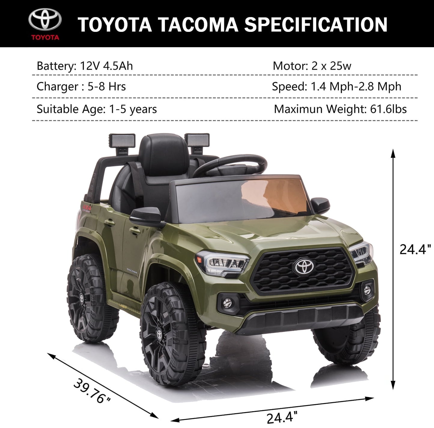 Track 7 Ride on Car with Remote Control, 12V Toyota Tacoma Electric Car for Boys Girls Age 3+, AUX/FM/USB, Storage Truck, Green