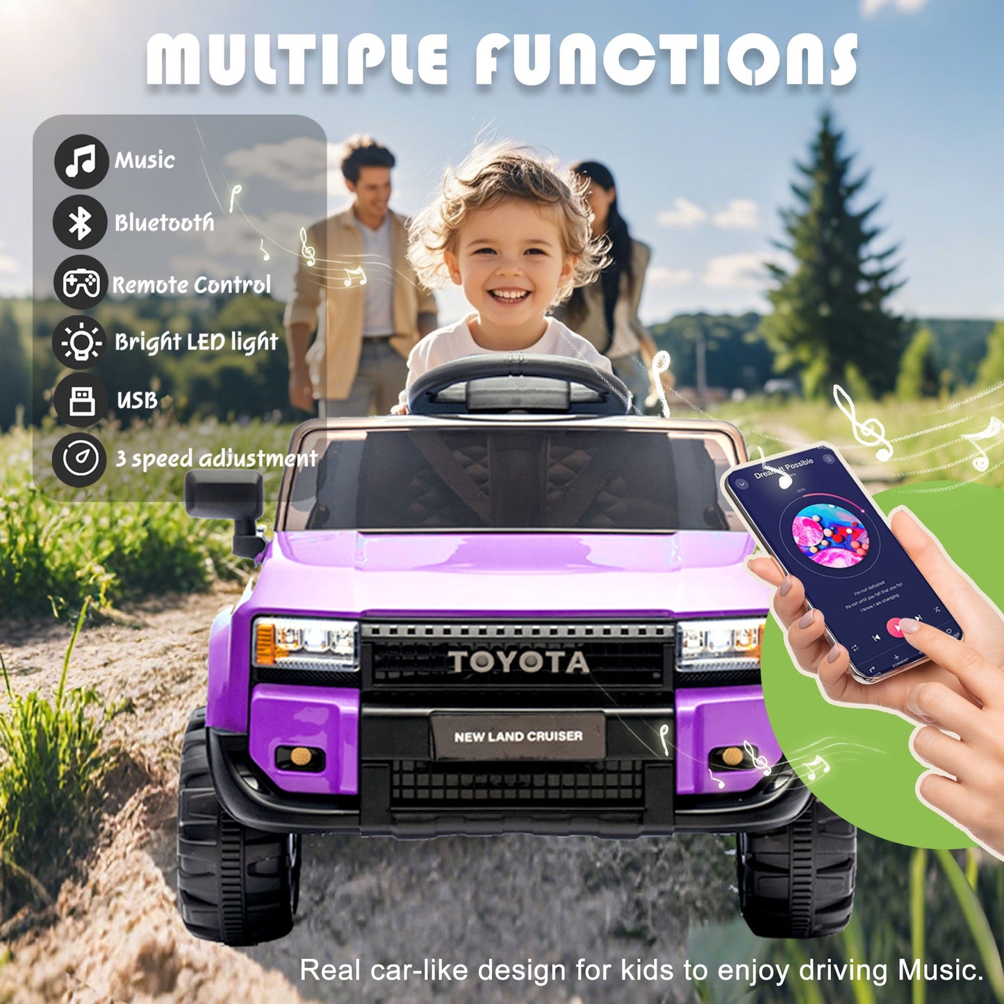 Track Seven 12V Ride on Car, Licensed Toyota LC250 Ride on Truck for Kids, Electric Car with Remote Control, Power Display, Music, Bluetooth, 12V Ride on Toy Car for Boys Girls Age 2+, Purple