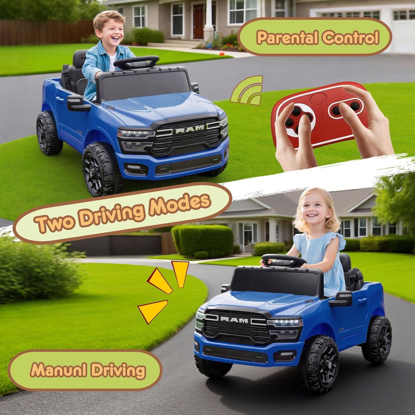 Track Seven 12V Ride on Car, Licensed Dodge RAM 3500 Ride On Truck with Remote Control, Rear Shock Suspension, LED Headlights, Low Battery Alarm, Bluetooth, Music, Ride on Toy for Kids Aged 3+, Blue