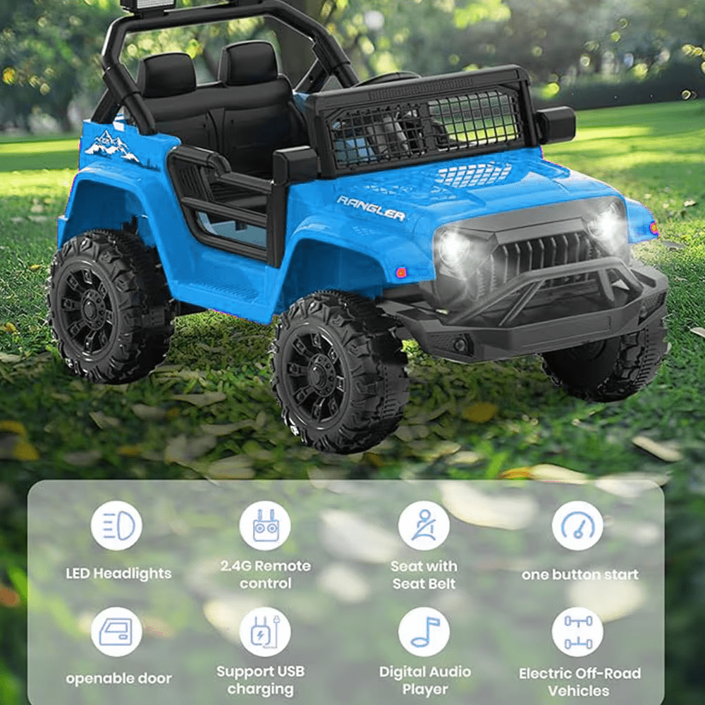 Track 7 Ride On Car, 12V Electric Kids Toy with Remote Control, Bluetooth, Music, LED Lights for Kids Aged 3-5, Blue