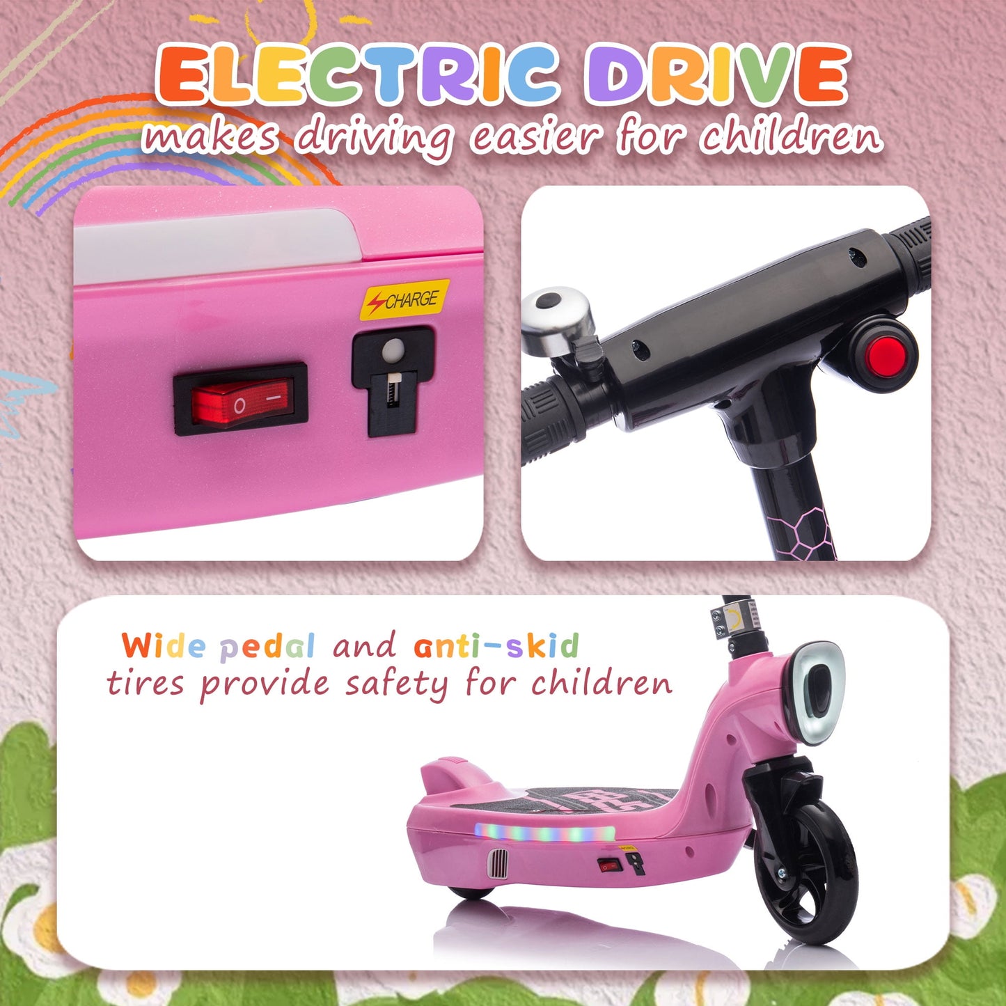 Track Seven 12V Electric Scooter for Kids, Front Big Light, Colorful Lights, Bell, 6.5" Wide Pedal, Rear Wheel Brake, Max 6.84MPH, Kids Electric Kick Scooters for Teens Boys Girls Aged 6+, Pink