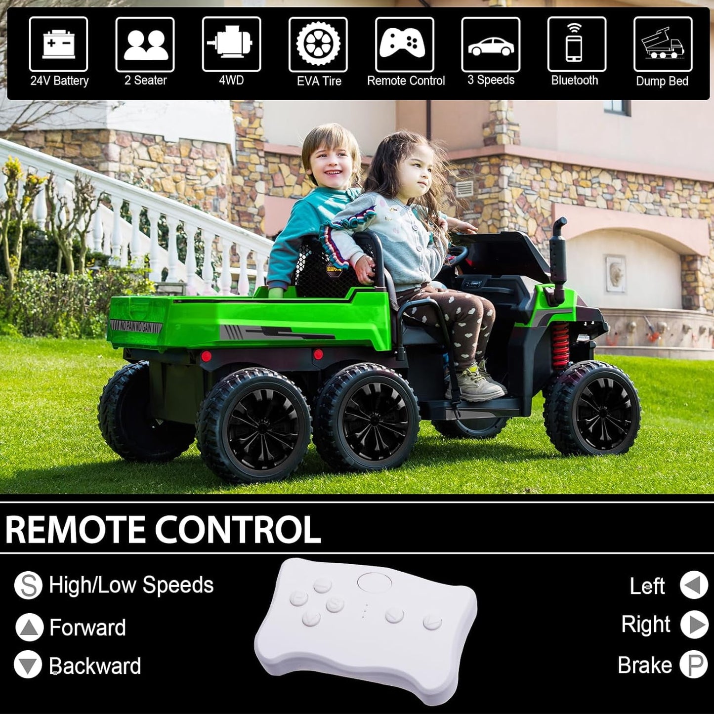 Track Seven 24V Ride on Car, 2-Seater Ride On Dump Truck, 6 Wheels Electric Car with Remote Control, Music, Shift Lever, off-Road Ride on UTV, Green