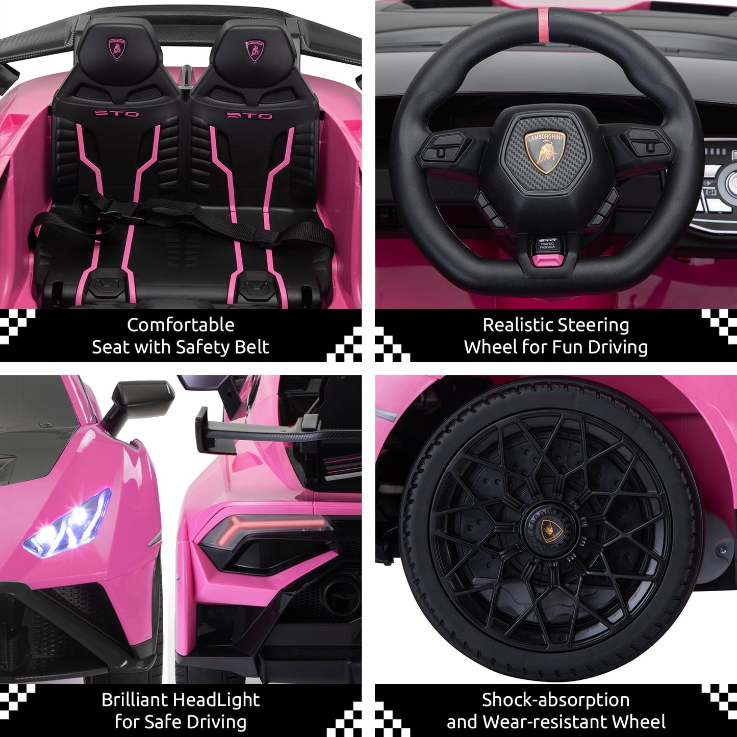 Track Seven 24V Kids Ride on Car, Licensed Lamborghini STO Electric Car, 360° Spin, Speeds 1.86-5.59 MPH, LED Lights & Dynamic Music, Foam Wheels & Drift Mode for Ages 3-8, Pink