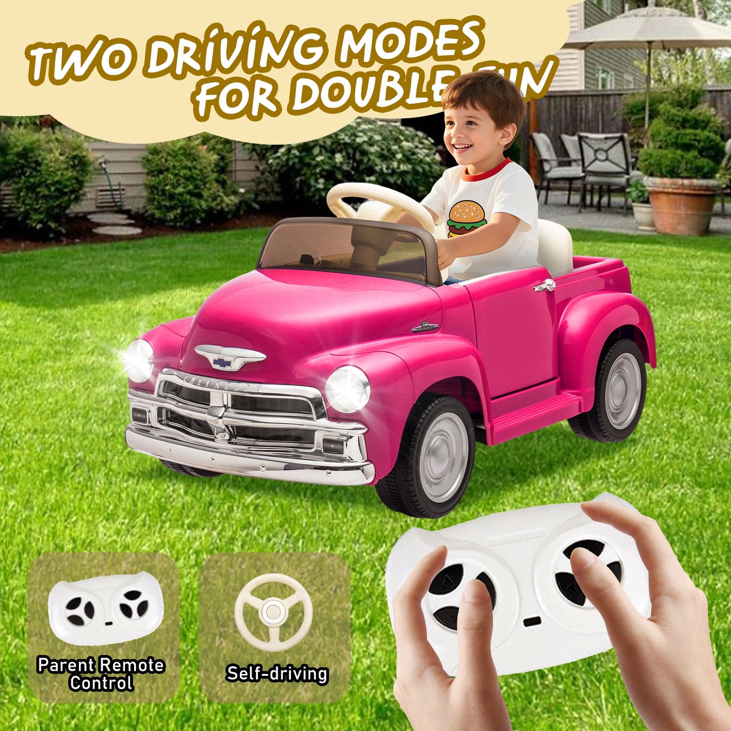 Track Seven 12V Kids Ride on Car, Licensed Chevrolet 3100 Pickup Electric Car with Remote Control, LED Lights, Bluetooth, Power Indicator, Storage, Kids Ride on Truck Toy for Boys Girls Age 3+, Pink