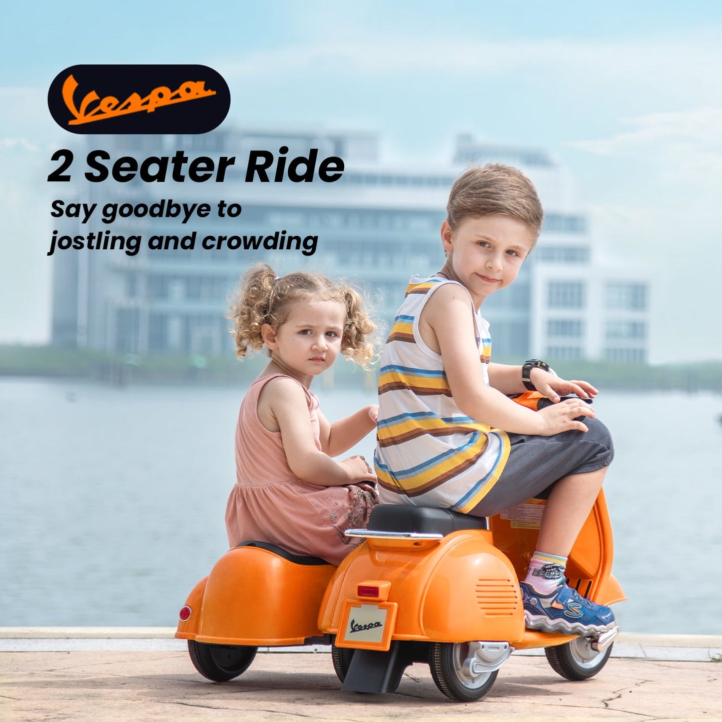 Track Seven 2-Seater Ride on Motorcycle, Licensed Vespa Electric Motorcycle with Side Car, 2-Seater Ride on Car, Music, Storage Bin, Max Speed 3.7mph, Orange