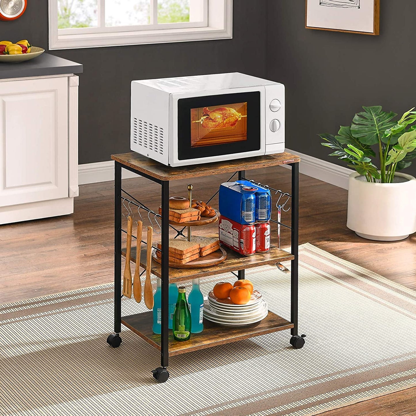 COOKCOK Baker's Rack, Kitchen Microwave Cart, Coffee Bar Table Station, 3-Tier Kitchen Utility Storage Shelf with Rolling Wheels , 10 Hooks, Brown