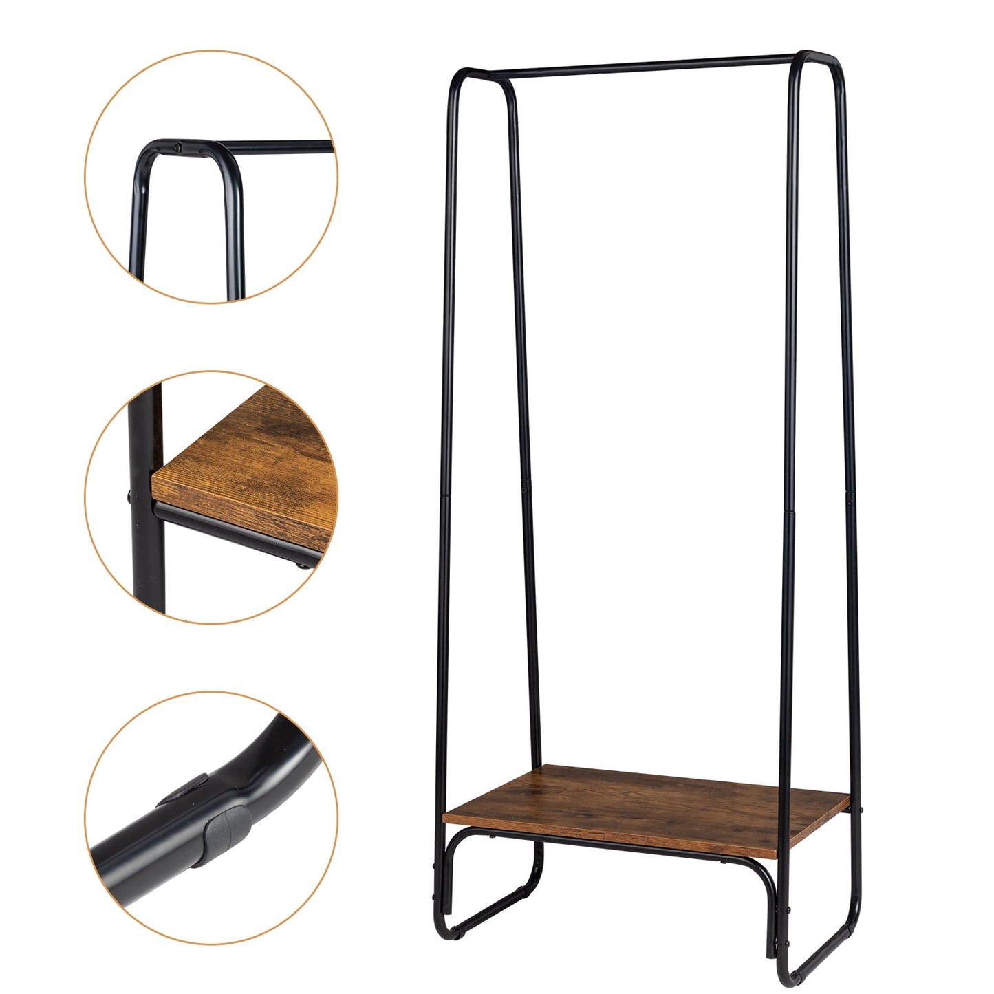COOKCOK Clothes Rack for Hanging Clothes with Bottom Wood Shelf, Freestanding Clothing Rack, Easy to Assemble Garment Rack, Metal, Sturdy, Small Space Storage Rack, Brown