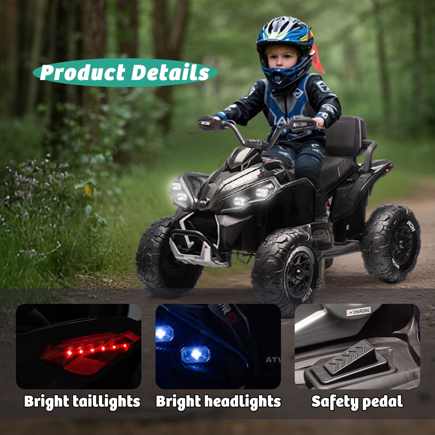Track Seven 24V Kids Ride-On ATV, Four Wheeler Quad Electric Car with Remote, 2 Speeds, Bluetooth, LED Light, English Storytelling, Shock Absorber, Kids Electric ATV for Boys Girls Aged 3+, Black