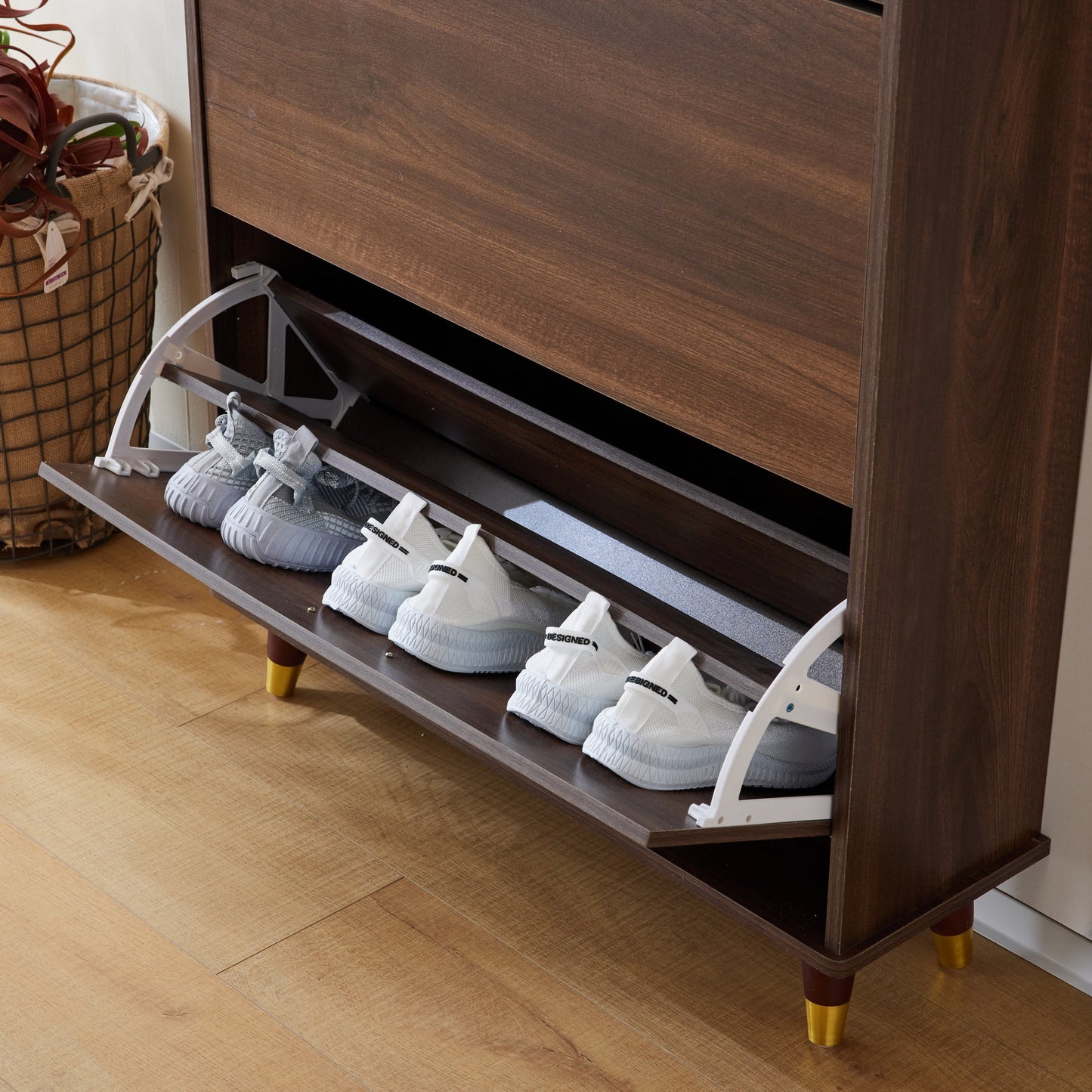 COOKCOK 3-Tier Flip Drawer Shoe Cabinets, Hat Coat Rack with Shoe Storage, Entryway Bedroom Armoire, Shoe Cabinet with Open Storage, Brown