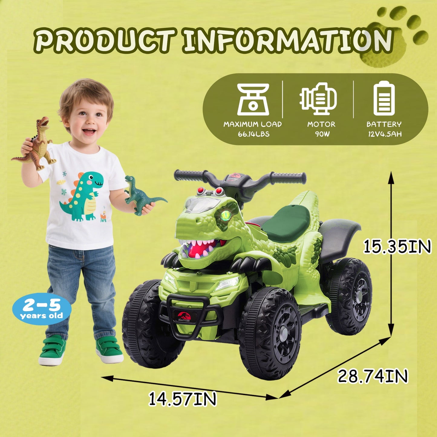 Track Seven 12v Ride-On Electric ATV, Dinosaur Shape Car, 2WD, Music, Bluetooth & Microphone, Power Display, Indoor& Outdoor Ride-On Toy for Boys Girls Age 2-5, Green