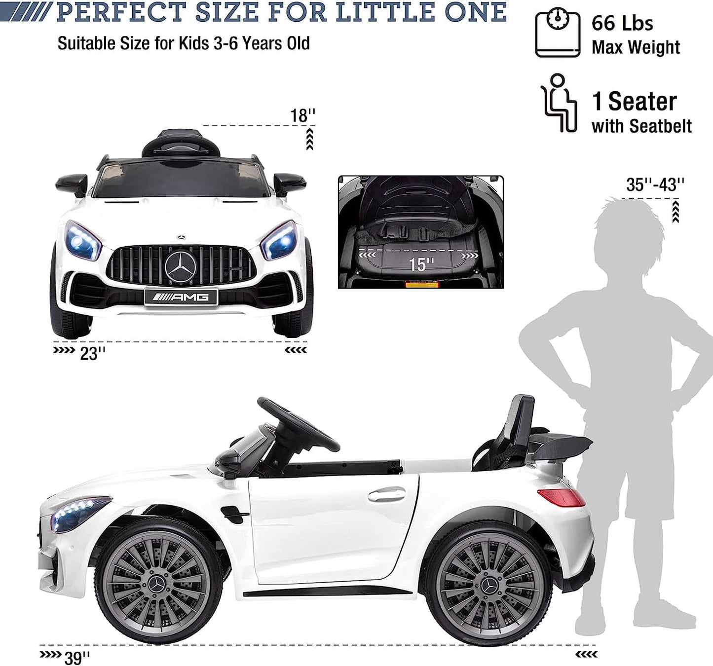Track 7 Ride on Car with Remote Control, Licensed Benz Electric Car for Kids, 12V Electric Vehicles with AUX/FM/USB, LED Lights, White