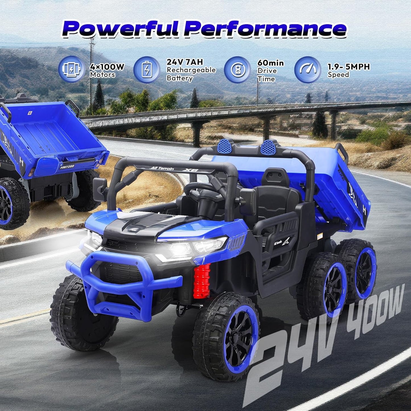 Track Seven 24V 2-Seater Ride on Dump Truck, 4WD 6-Wheel Kids Ride on Car w/Remote Control, Electric Dump Bed, Toy Shovel, Music, Max Speed 5 mph, 21" Large Seat, Ride on Toy for Kids Age 3+, Blue