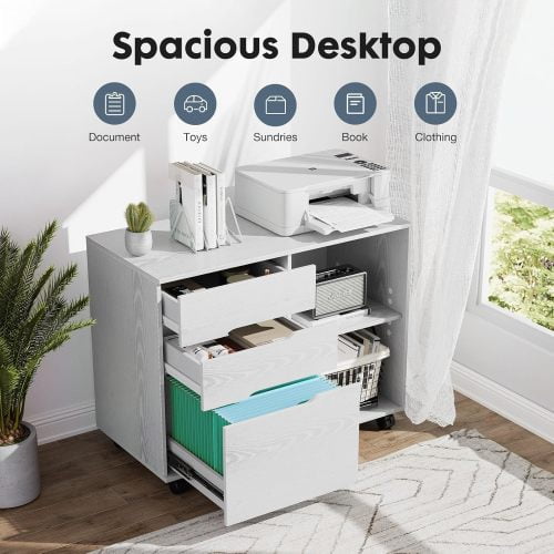 COOKCOK Mobile Wood Lateral File Cabinet with Wheels, Wood Storage Organizer with Drawers, Rolling Cabinet for Home Office, Printer Stand & Open Shelves, White
