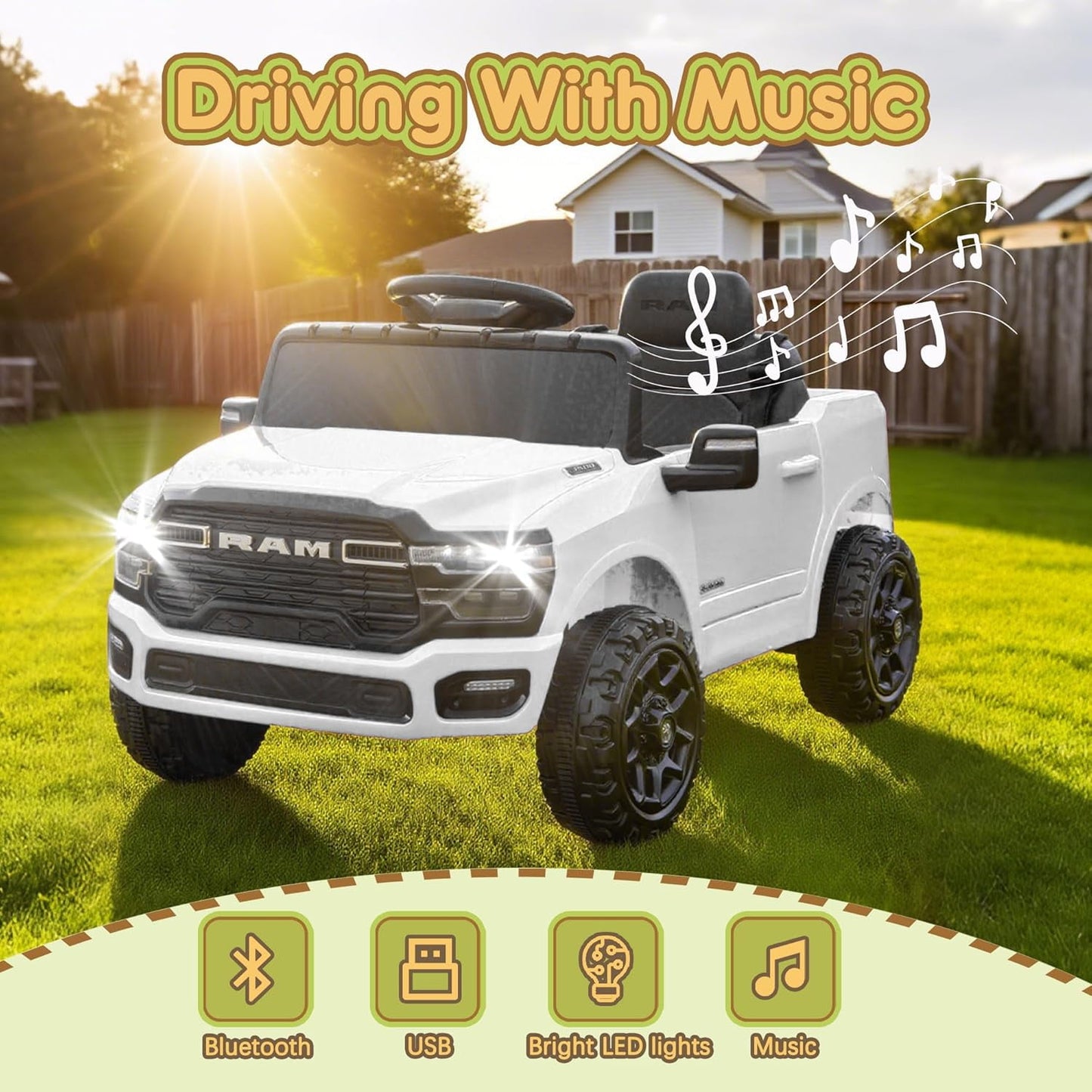 Track Seven 12V Ride on Car, Licensed Dodge RAM 3500 Ride On Truck with Remote Control, Rear Shock Suspension, LED Headlights, Low Battery Alarm, Bluetooth, Music, Ride on Toy for Kids Aged 3+, White