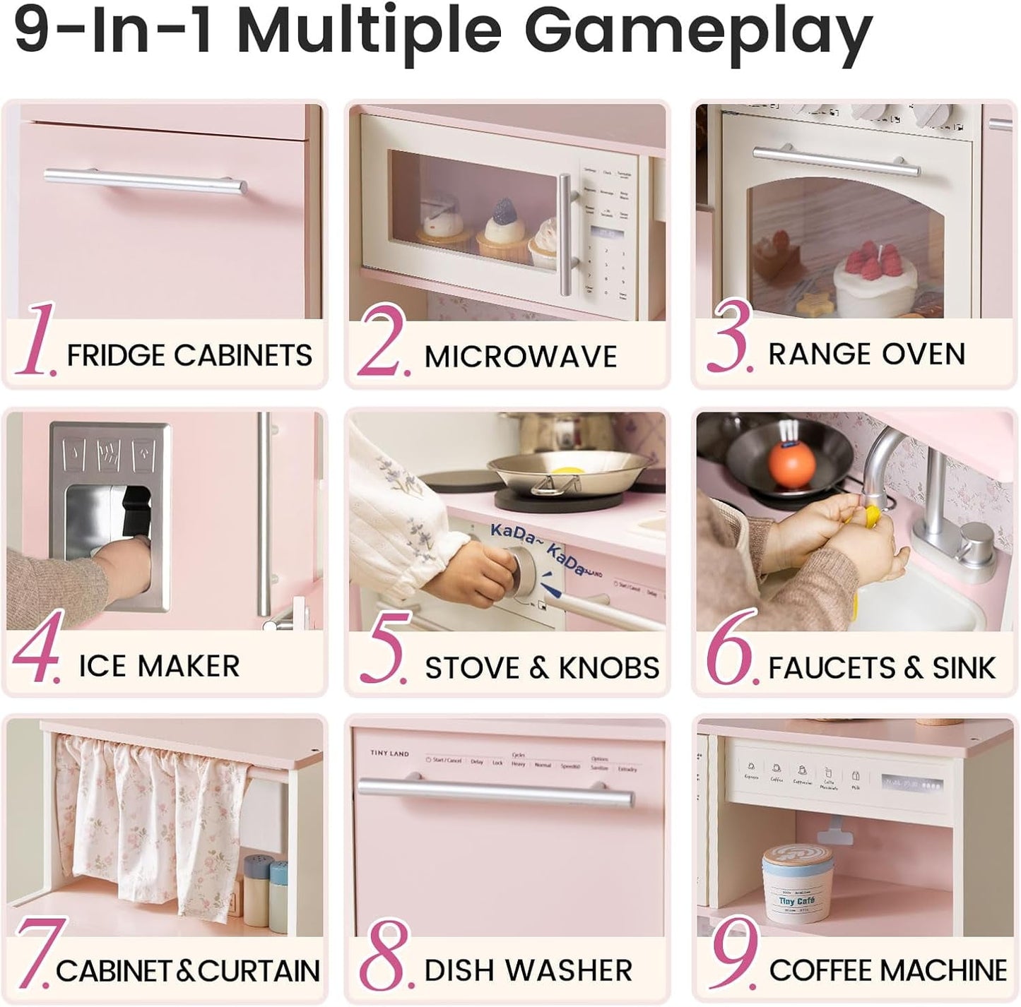 Track Seven Play Kitchen for Kids, Upgraded Wooden Kitchen Toy with Complete Play Areas, Pretend Cooking Set with Sink, Stove, Microwave, Toy Coffee Station & Storage for Kids Ages 3+, Pink