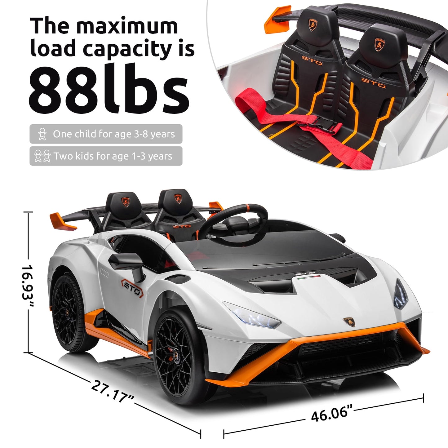Track Seven 24V Kids Ride on Car, Licensed Lamborghini STO Electric Car for Boys Girls, 2-Seater Ride on Drift Car with Remote Control, Music, 360° Spin, Max Speed 6mph, White