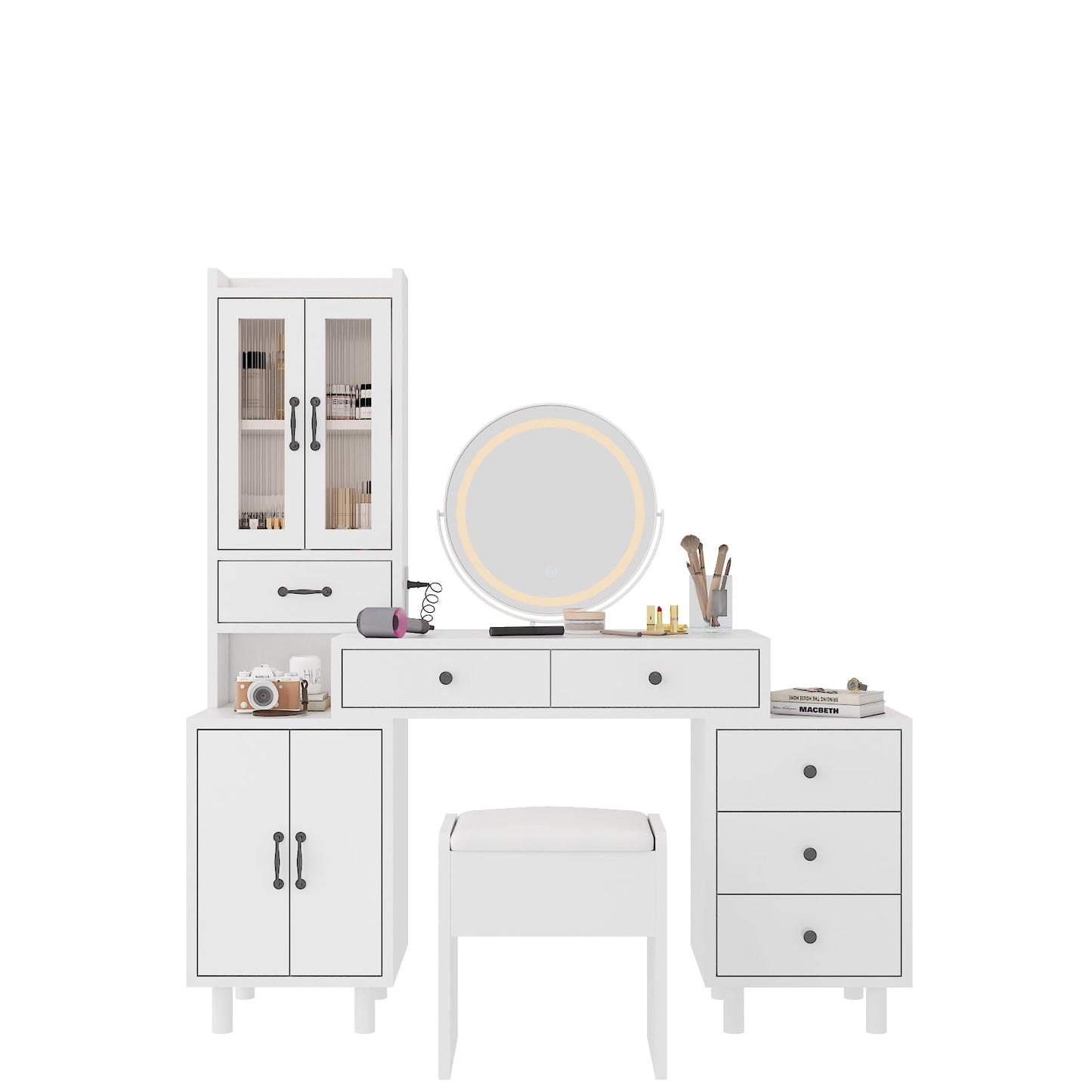 COOKCOK Makeup Vanity Desk with LED Mirror, Retractable Dressing Table with Power Outlets, Vanity Table with Side Cabinet and Nightstand, Storage Shelves, White