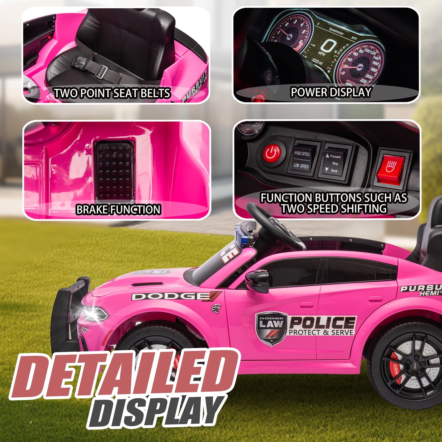 Track 7 Licensed Dodge Charger SRT Ride on Car, 12V Kids Ride on Police Car with Remote Control, Music, Alarm Lights, Megaphone, Electric Car for Kids Age 3+, Pink