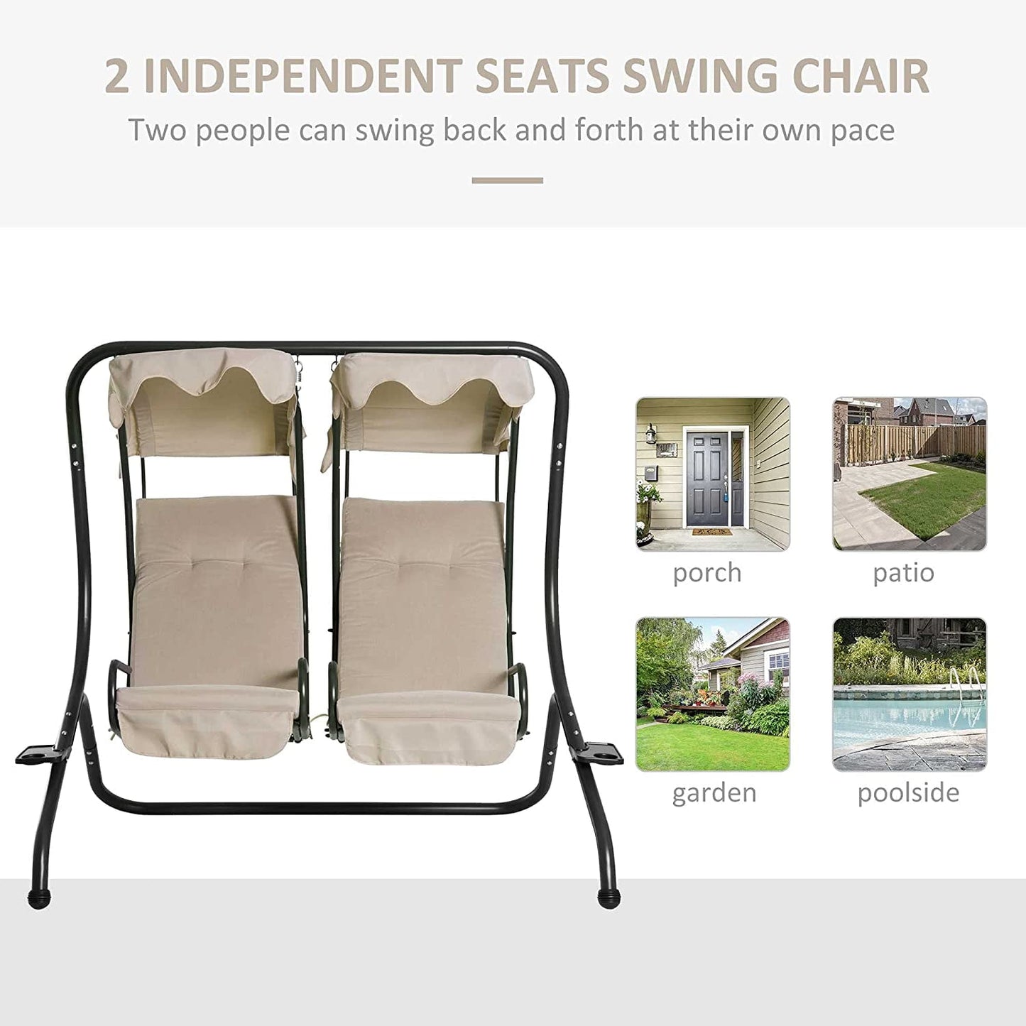 COOKCOK 2-Seat Porch Swing with Stand, Outdoor Swing Glider with Removable Canopy and Cup Holders for Porch, Garden, Backyard, 480 lbs Capacity, Beige
