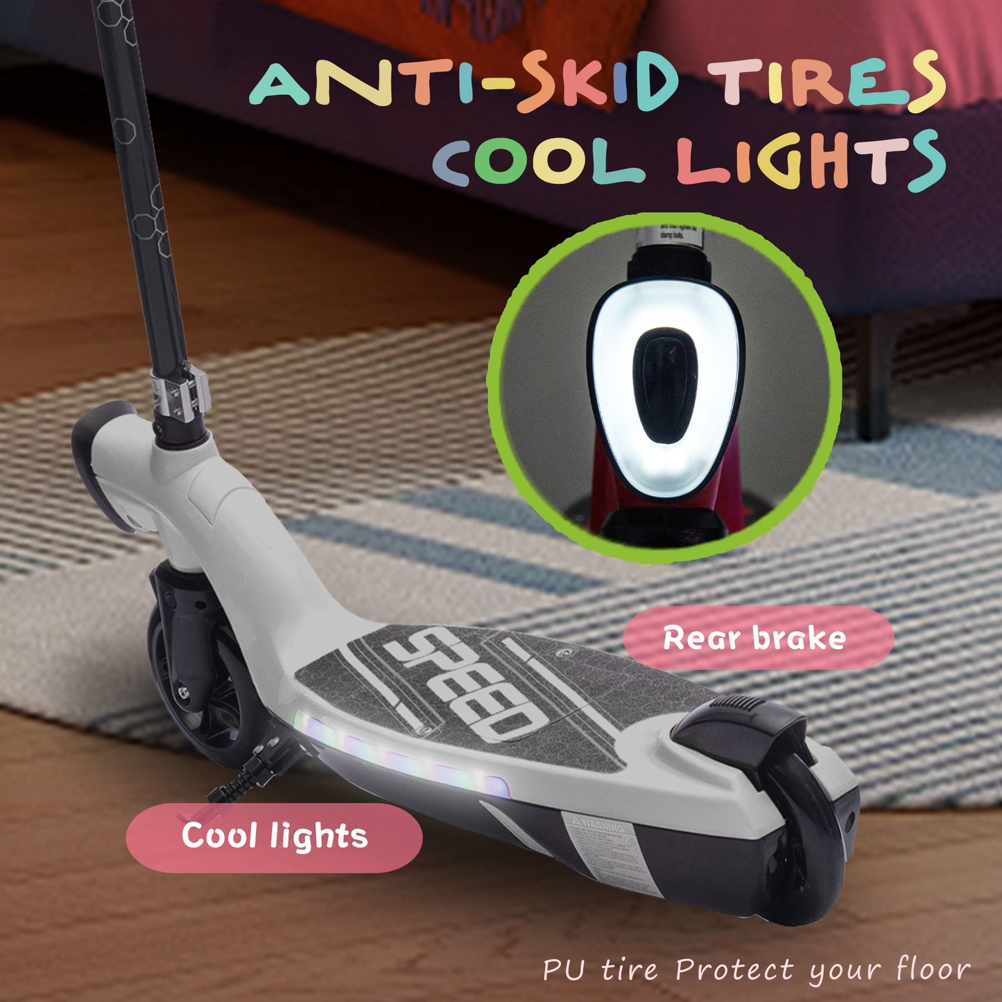 Track Seven 12V Electric Scooter for Kids, Front Big Light, Colorful Lights, Bell, 6.5" Wide Pedal, Rear Wheel Brake, Max 6.84MPH, Kids Electric Kick Scooters for Teens Boys Girls Aged 6+, White