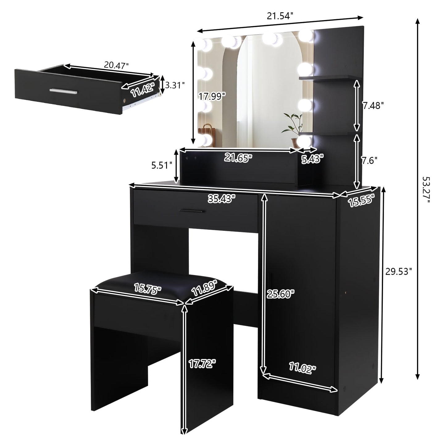 COOKCOK Vanity Set with Lighted Mirror, 10 LED Bulbs Vanity Dressing Table with 3 Storage Shelves 1 Drawer 1 Cabinet, Makeup Table with Cushioned Stool, Black