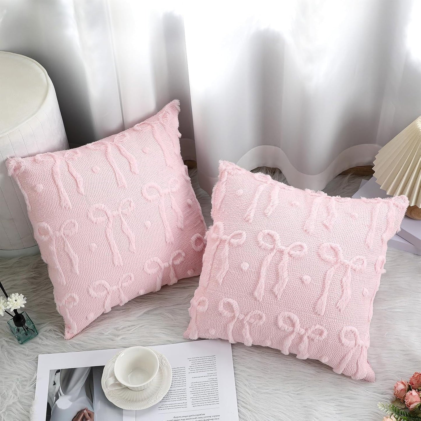 COOKCOK Bow Throw Pillow Covers 18x18 Set of 2 Decorative Pillow Covers Soft Plush Faux Wool Aesthetic Pillowcases Preppy Room Decor for Bed Sofa Couch Living Room, Pink