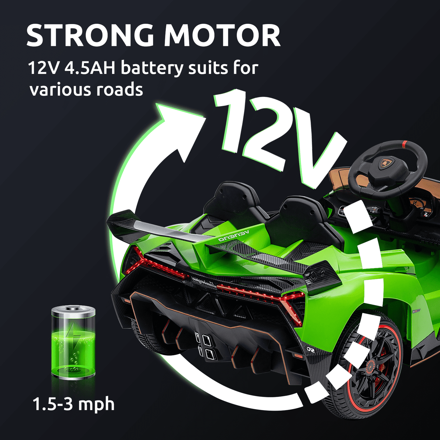 Track Seven 12V Kids Ride on Car, Licensed Lamborghini Veneno Electric Car with Remote Control, Music, Age 3+, Green