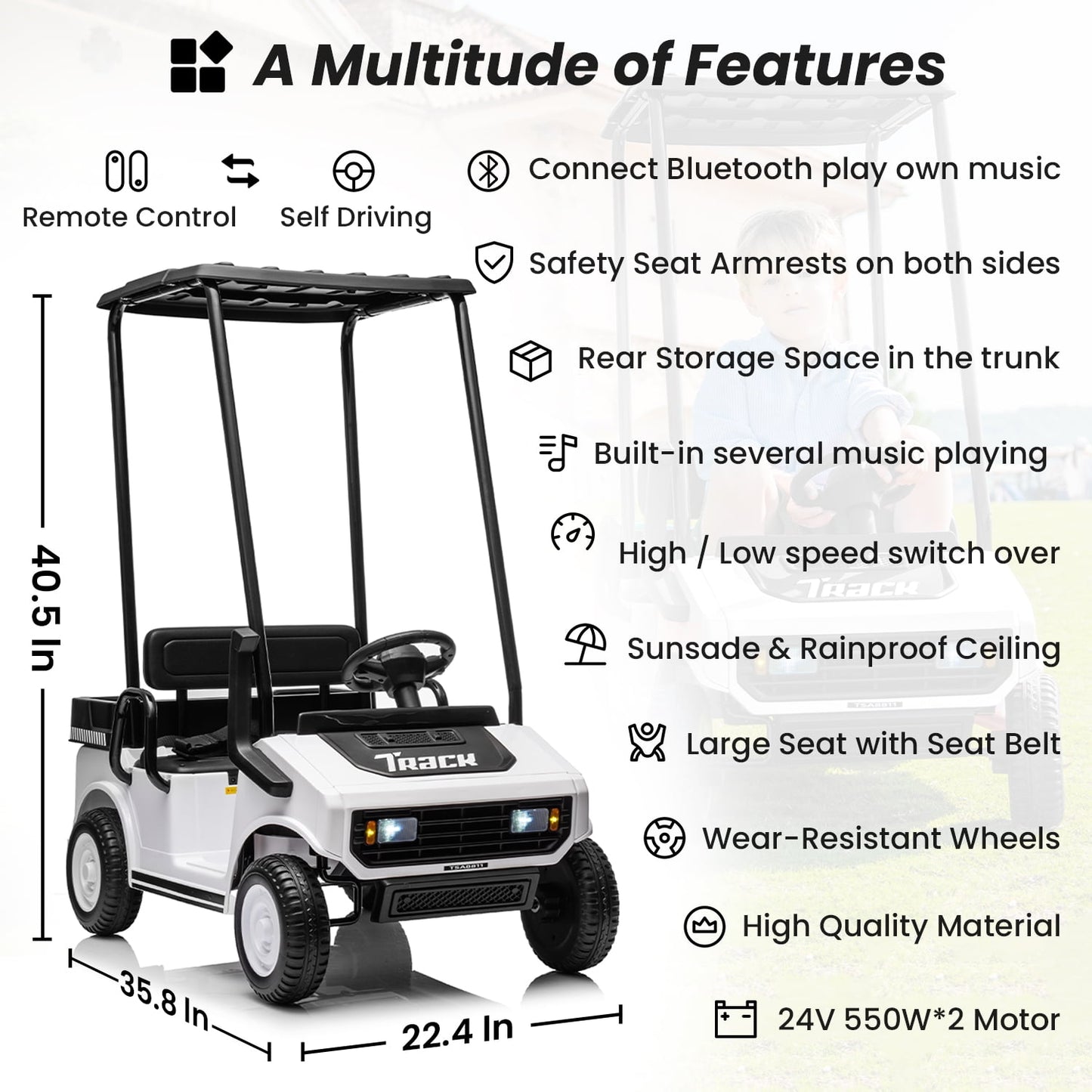 Track Seven 24V Ride on Car, Electric Golf Cart with Ceiling, Ride on Truck with Remote Control, Music, Rear Storage Box, Electric Car for Boys Girls Age 3+, 18.5" Large Seat with Armrests, White
