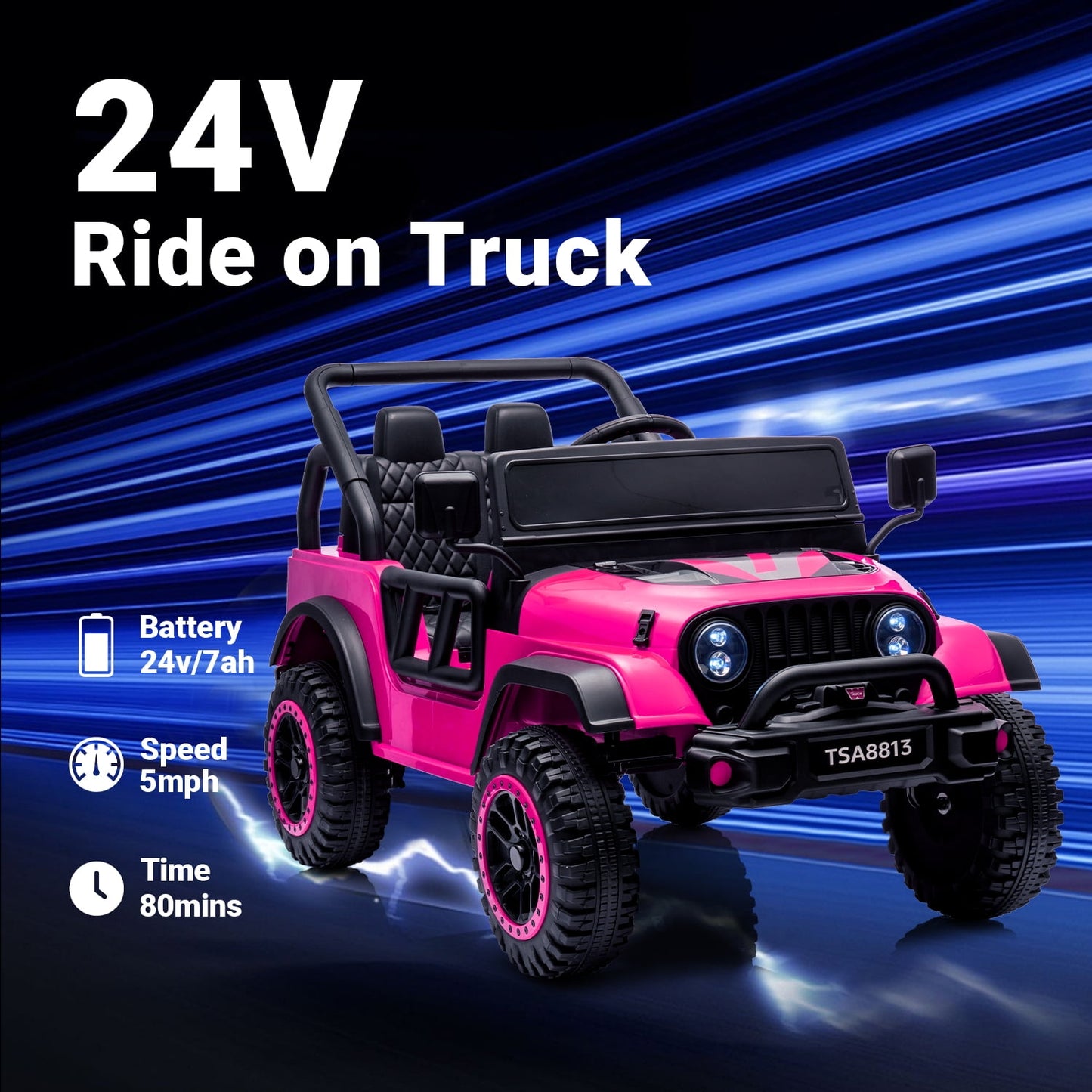 Track Seven 24V Ride on Truck, Electric Car for Boys Girls, Ride on Car with Remote Control, Music, Bluetooth, Lights, Spring Suspension, Max Speed 5 mph, Pink