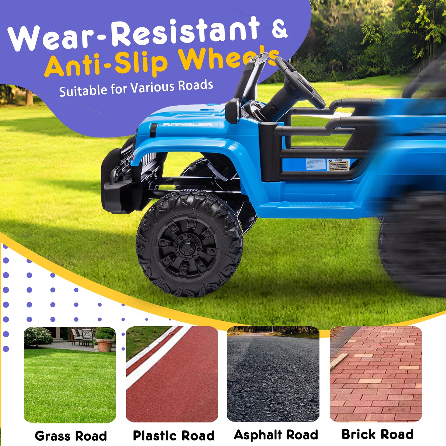Track Seven 12V Kids Ride on Truck, Electric Car with Remote Control, Off-Road Truck for Boys Girls age 3+, Music, Bluetooth, Spring Suspension with DIY Stickers, Blue