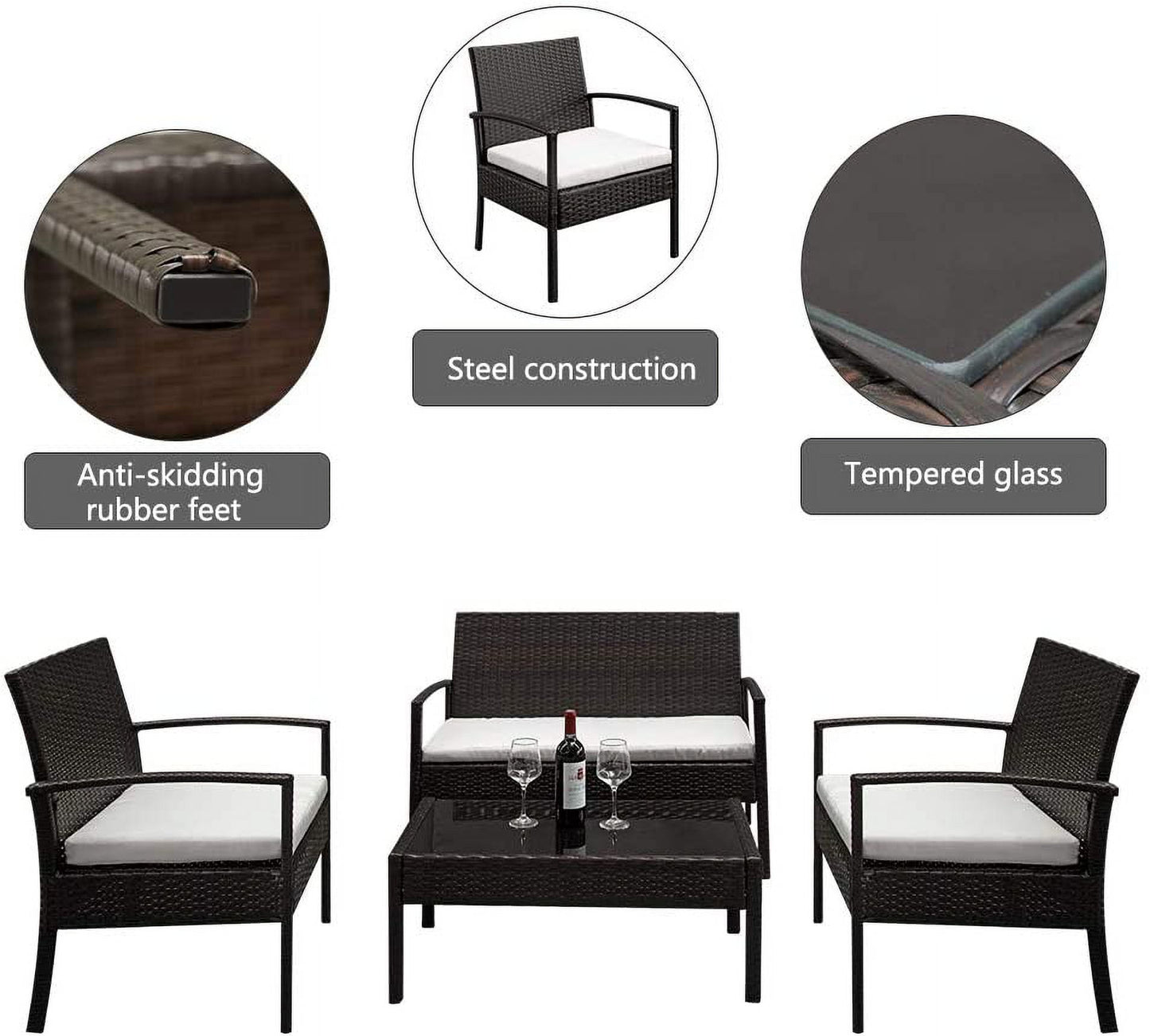 COOKCOK Patio Furniture Sets of 4, PE Rattan Conversation Furniture Set w/2pcs Arm Chairs 1pc Love Seat & Tempered Glass Coffee Table, Rattan Sofa Conversation Sets for Garden, Patio, Poolside, Brown