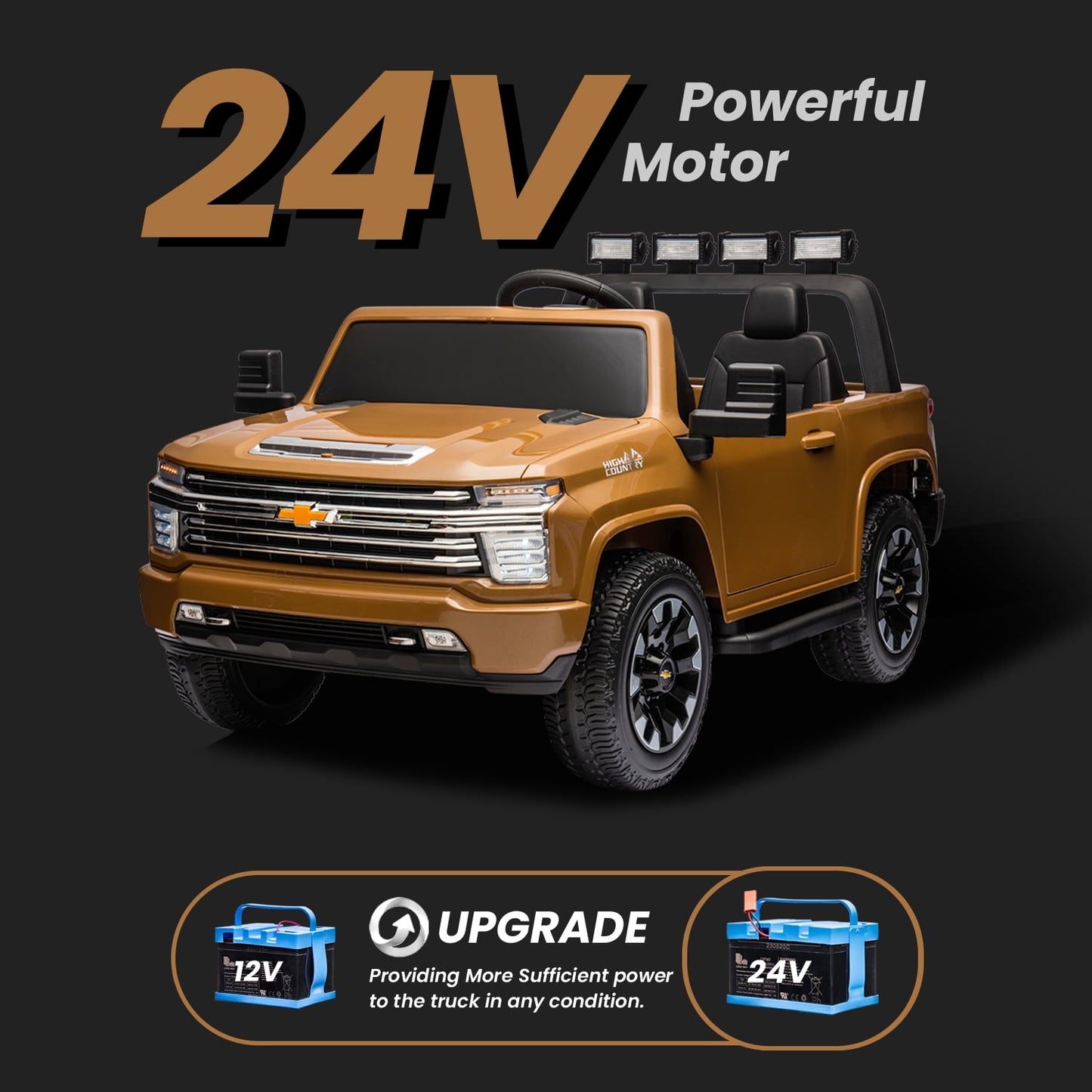 Track Seven 24V Ride on Car, Licensed Silverado HD 2 Seater Electric Car for Boys Girls Age 3+, 24V Ride on Truck w/Remote Control, Music, ABC, Brown