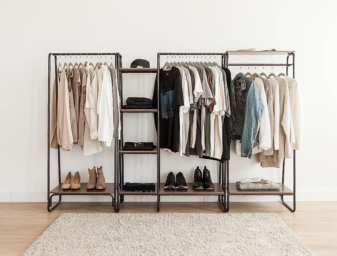 COOKCOK Clothes Rack for Hanging Clothes with Bottom Wood Shelf, Freestanding Clothing Rack, Easy to Assemble Garment Rack, Metal, Sturdy, Small Space Storage Rack, Brown
