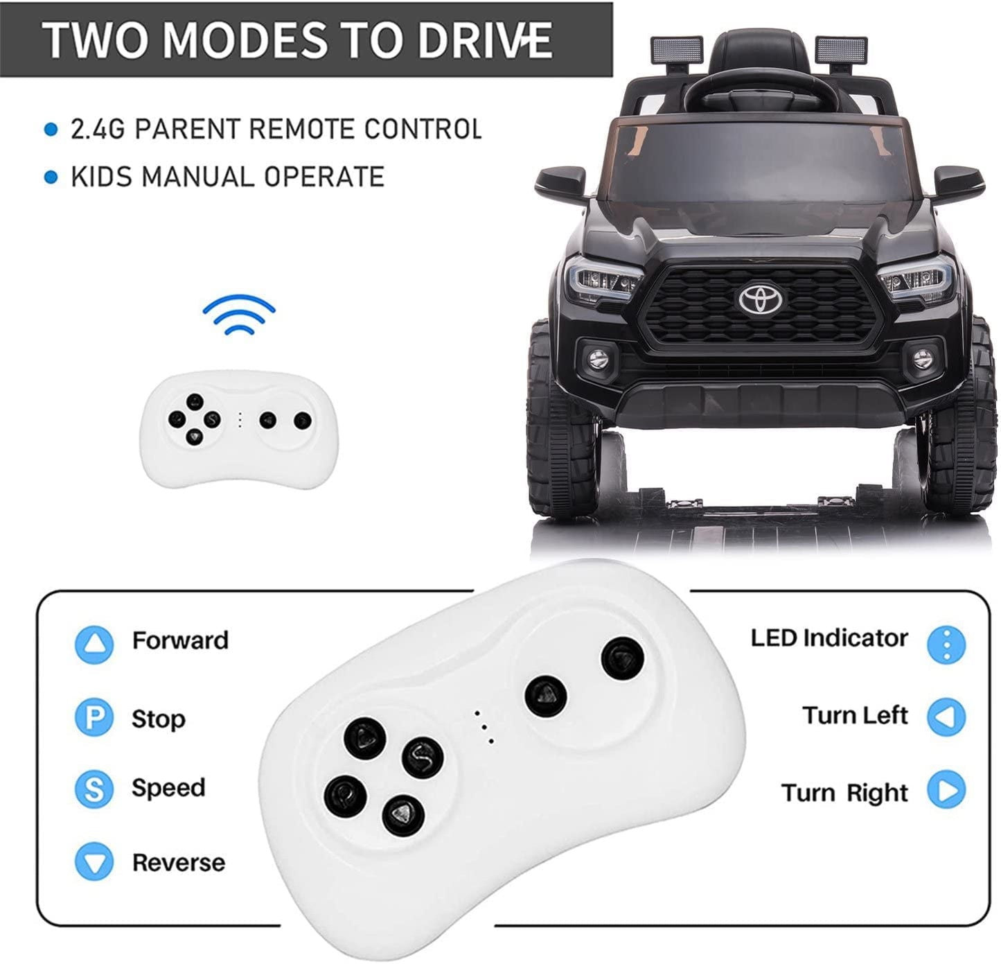 Track 7 Ride on Car with Remote Control, 12V Toyota Tacoma Electric Car for Boys Girls Age 3+, AUX/FM/USB, Storage Truck, Black