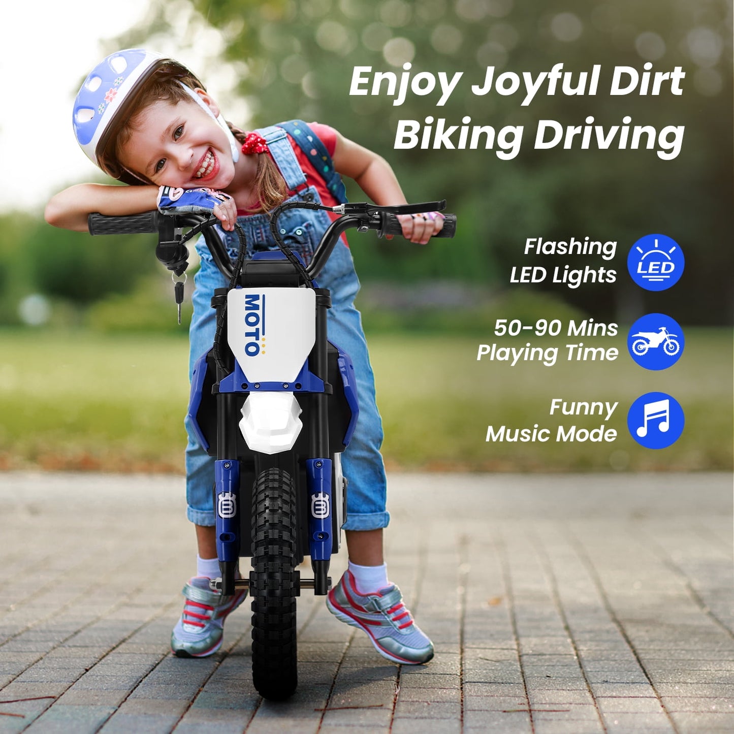 Track Seven 24V Electric Dirt Bike, 200W Motocross Ride on Motorcycle with Hand Operated Brakes, Adjustable Speed, LED Lamp, Music, Max Speed 10mph, Electric Motorcycle for Kids Age 5+, Blue