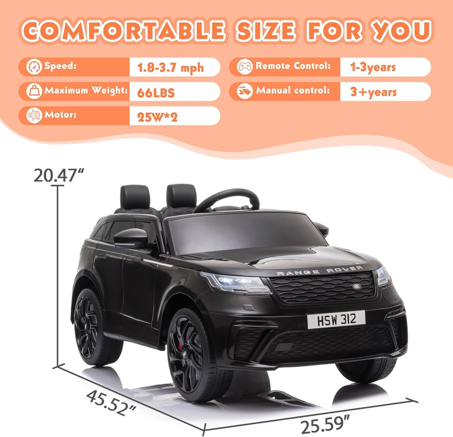 Track 7 Licensed Range Rover Kids Ride-On Car, 12V Electric Vehicle , Remote Control, LED Lights, Double Doors, Soft Start, Electric Car, BLACK